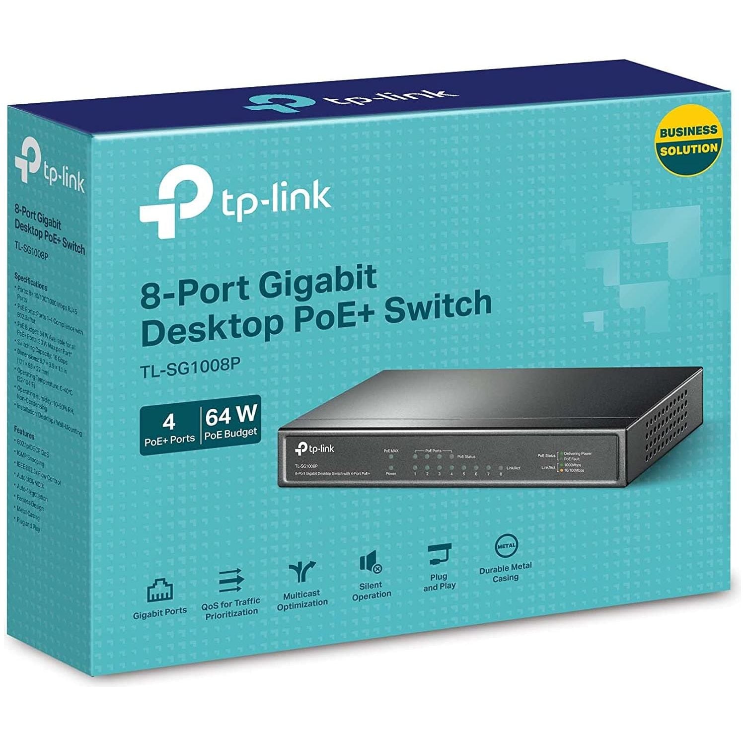 TP-Link PoE Switch 8-Port Gigabit, Ports up to 30 W For Each PoE Port and 64 W For All PoE Ports, Metal Casing, Plug and Play, - TL-SG1008P